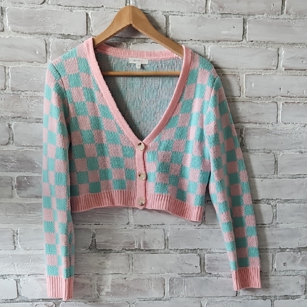 Pink and Blue Checkered Women's Sweater